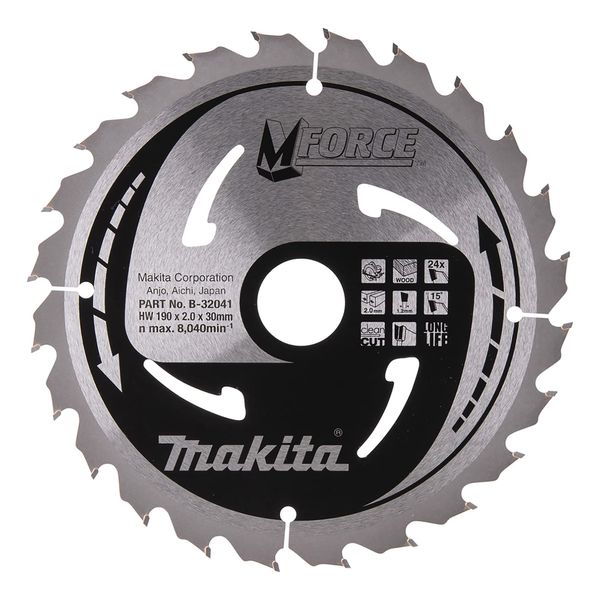 Makita B-32041 MForce Wood TCT Saw Blade, 190mm Diameter, 24 Teeth, 30mm Bore, 2mm Kerf, 1.2mm Thickness, Compatible with Wood