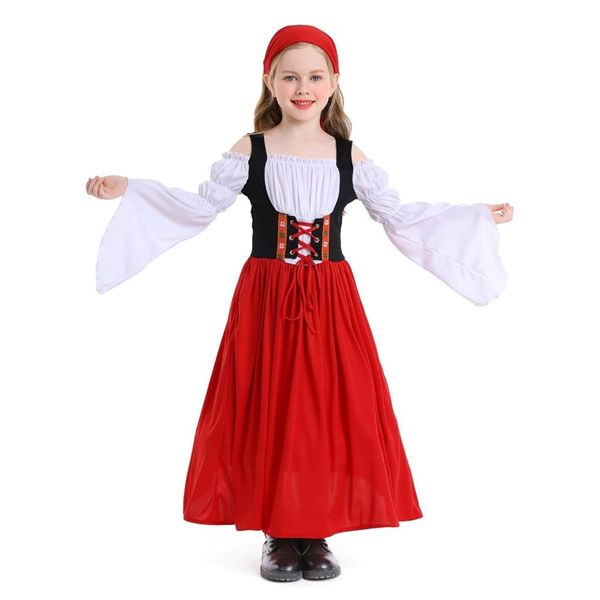 Dressy Daisy German Bavarian Dirndl Dress Up Costume Peasant Party Outfit with Head Scarf for Little Girls Size 8-10, Red