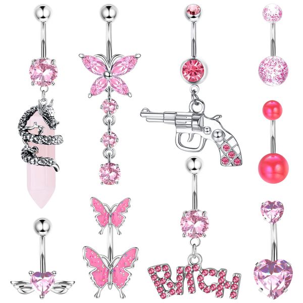 Sanfenly 14G Belly Button Rings Dangle Stainless Steel Navel Rings Pink CZ Heart Butterfly Belly Rings Dangling Belly Piercing Jewelry For Women