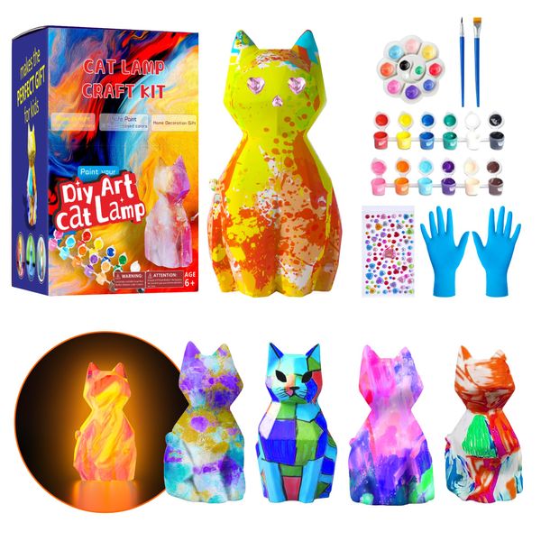 LBOLYUMEG Paint Your Own Cat Lamp Kit, Art Supplies Arts and Crafts for Kids Ages 8-12,Crafts for Girls 8-12,Night Light Kids Crafts Ages 4-8, Birthday Easter Gift for Girls Boys Age 3 4 5 6 7 8+(Cat)