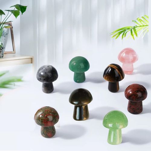 15 Pcs Crystal Mushrooms Sculpture Healing Crystal Bulk Stones Carved Mushroom Decor, Energy Balancing Rose Quartz Tiger Eye Clear Quartz Obsidian Decoration for Garden, Lawn, Flowerpot, Fishbowl