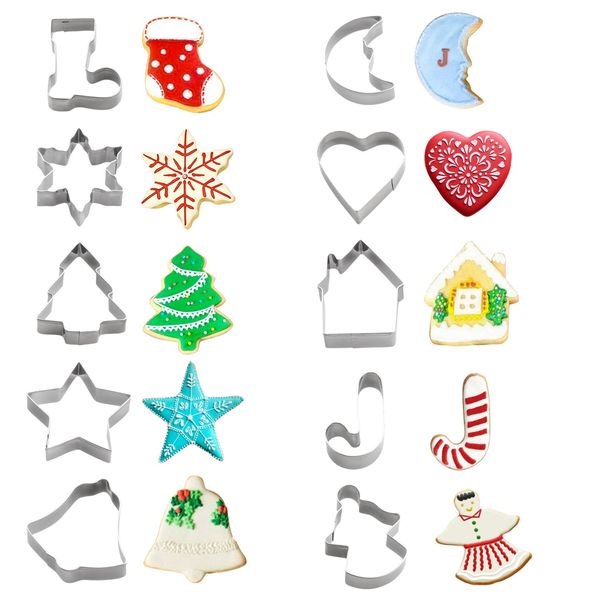 Christmas Cookie Cutters Set - Holiday Mini Cookie Cutter set of 10, Include: Gingerbread House, Snowflake, Christmas Tree, Gingerbread girl, Heart, Star, Moon, Christmas Crutch, Bell, Boot