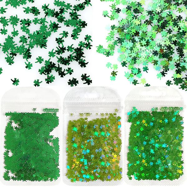 3 Bags Shamrock Nail Glitter Sequins Holographic Laser Clover Nail Decals St. Patrick's Day Nail Art Stickers Green Shamrock Nail Decals Irish Nail Charms Design St Patricks Day Nails Decoration