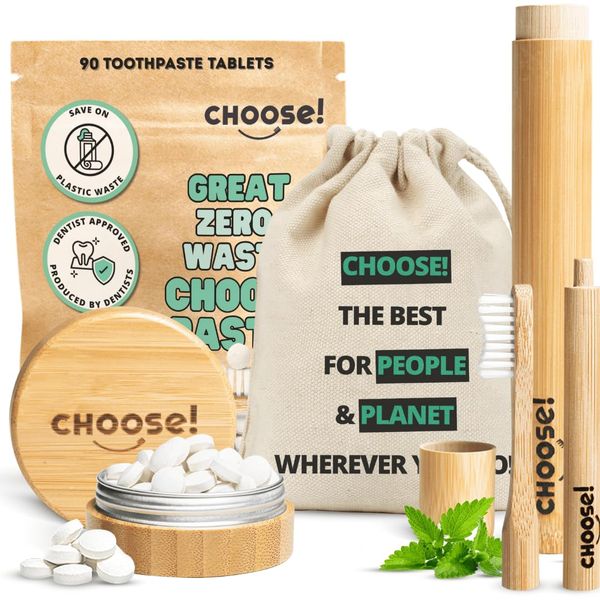 CHOOSE Travel Gift Box - Zahnputztabletten, Bambus Zahnbürste, Zahnbürstenetui, Aufbewahrungsbox & Reisetasche | Zahnpasta Tabletten 6 Wochen Vorrat | Reisezahnbürste | Vegane | Nachhaltige Geschenke