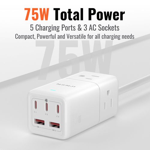 NENJI 75W GaN USB-C Super Fast Charging Station, 8-in-1 Power Strip with 5 USB & 3 AC Ports, Smart Charging, Fast PD Charger for iPhone, Samsung, iPad, MacBook – Desktop & Travel-Friendly – White