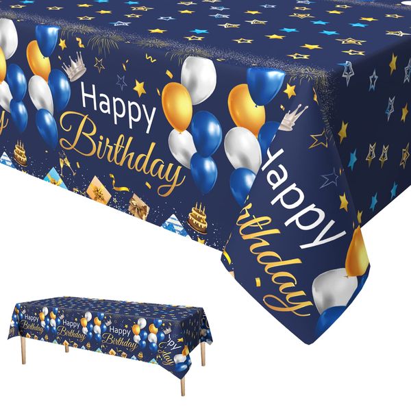 Xinvery Blue Gold Party Tablecloth, Happy Birthday TableCloth Balloons Star Table Covers Plastic Rectangular Tablecloths for Boys Men Birthday Baby Shower 137 x 274cm