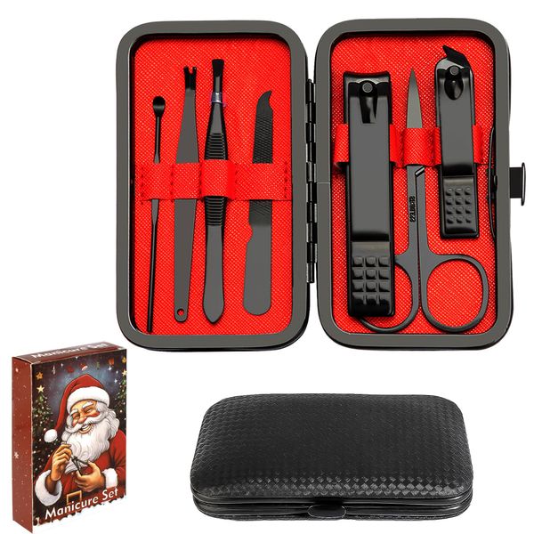 Christmas Stocking Stuffers Nail Clippers Set Nail Kit 7 in 1 Manicure Set Pedicure Tools for Feet Fingernail Toenail Clippers Mens Grooming Kit Christmas Gifts with Gift Box Nail Care Kit, Black