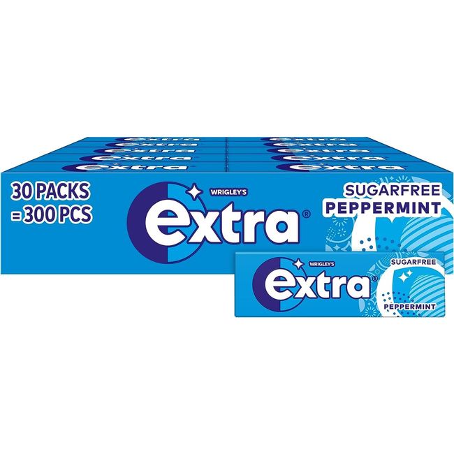 Wrigley's Extra Sugarfree Chewing Gum, Refreshing Peppermint Flavour, Freshens Breath, With Xylitol, Helps with Oral Hygiene for Healthy Teeth and Gums 30 Packs of 10 pieces