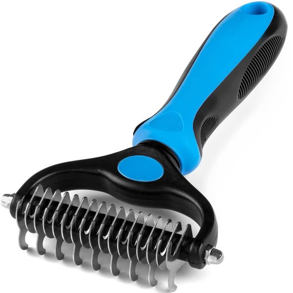 Grooming Tool for Dogs & Cats, Double Sided Deshedding Dematting Rake Reduce Shedding by 95%, Dog brushes for Shedding Tangles Hair Gently Deshedding Cat Brush for Short & Long Haired Pet（Blue）