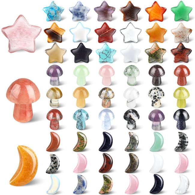 54 Pieces Worry Stones Crystal Mushroom Bulks Moon Star Shaped Crystal Stones Mini Thumb Stones Mushroom Sculpture Decor Gemstones and Crystals for Witchcraft DIY Meditation Balancing (Bright Style)