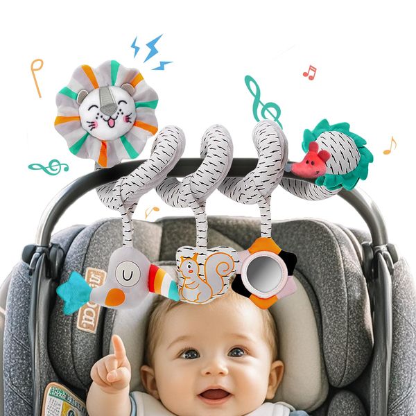 Frilida Car Seat & Stroller Activity Toys for Babies 0-6 Months,Lion Spiral Hanging Plush Baby Toys for Newborn boy Girl, Include Mirror Crinkle and Squeaky