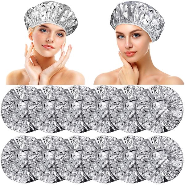 12 Pieces Aluminum Foil Deep Conditioning Caps Reusable Hair Processing Caps Hair Coloring Shower Caps for Home Salon Use (Silvery,16 Inch)