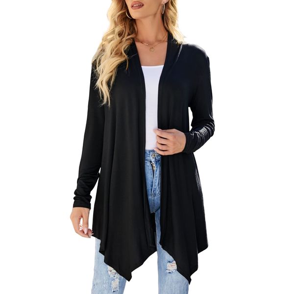 Uvog Plus Size Cardigan Black Sweater for Women Long Drapped Open Front Irregular Kimono Cardigans 2X