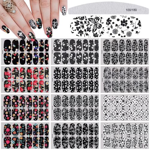 EBANKU 12 Fogli Unghie Adesivi Decalcomanie, Farfalla Floreale Nero Bianco Adesivi per Unghie Autoadesivi, Nail Art Stickers con 1 Lime per Unghie per Fai Da Te Manicure Decorazione
