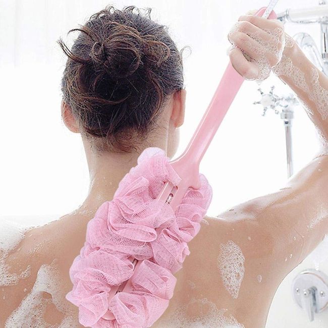 Veewon Long Handle Bath Brush Back Scrubber Shower Body Brushes Sponge Hanging Soft Mesh (Pink)