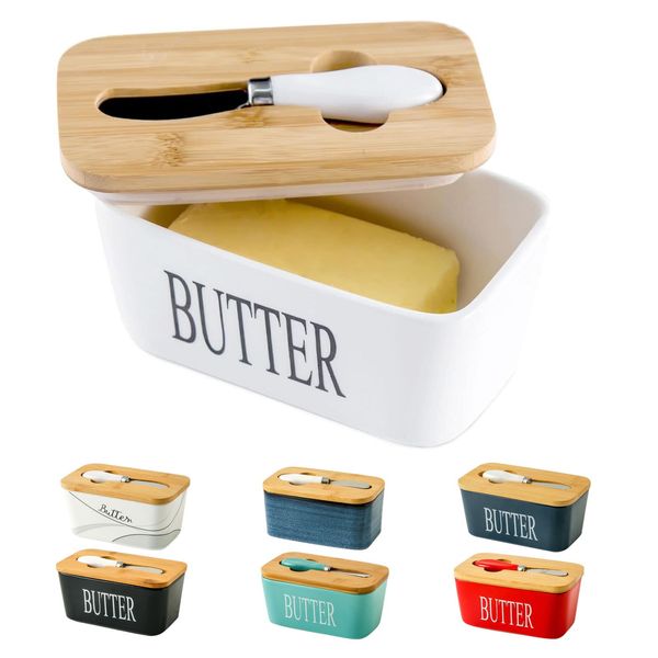 Hasense Porcelain Butter Dish with Bamboo Lid - Covered Butter Dish with Butter Knife for Countertop, Airtight Butter Container with Cover Perfect for East West Coast Butter, White