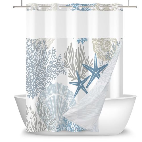 DASHAN No Hook Shower Curtain with Snap in Liner, Blue Nautical Coastal Shower Curtains for Bathroom, Tropical Beach Ocean Starfish Bathroom Curtains Hotel Fabric Bath Curtain 71"x74"