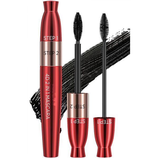 Incisite 4D Silk Fiber Mascara, 2-in-1 Waterproof Mascara, Long-Lasting Length and Volume Black Mascara, Natural Lengthening And Thickening Effect, Non-Smudging Eye Makeup for Women (Black)