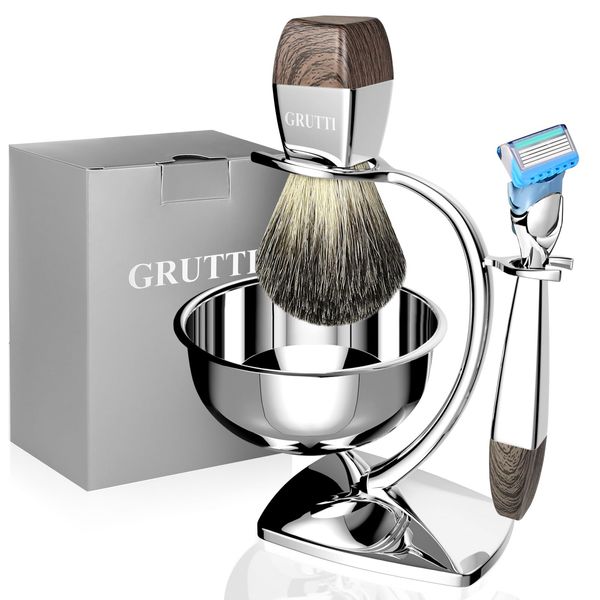 GRUTTI Shaving Brush Kit for Men, 4 in 1 Razor and Brush Stand with Shaving Soap Bowl & Badger Hair Shaving Brush Safety Razor Compatible with Fusion 5, Traditional Wet Close Shaving Kit