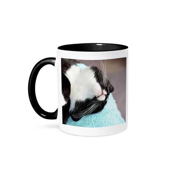 3dRose Sleeping Tuxedo Cat Two Tone Mug, 11 oz, Black