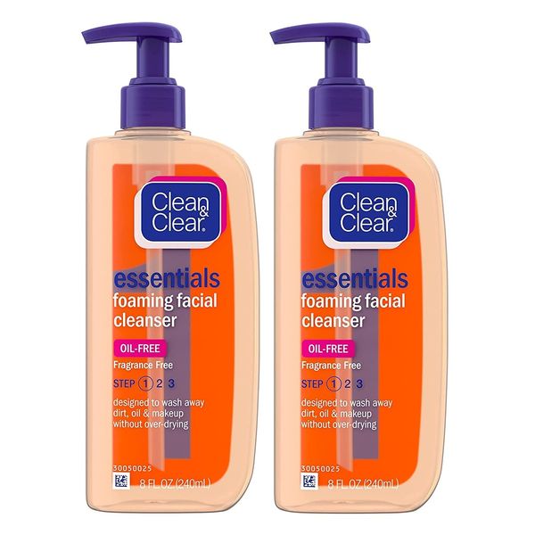 Clean & Clear Essentials Foaming Facial Cleanser, Oil-Free Daily Face Wash with Glycerin to Remove Acne Breakout-Causing Dirt, Oil & Makeup Without Over-Drying, Coconut, 8 Fl Oz - Pack of 2