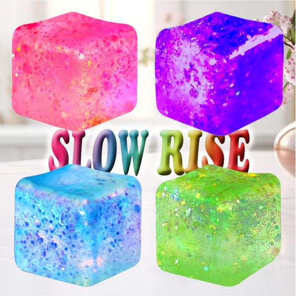 YiLUAN 4Pack Glitter Squishy Cube - Fidget Toys for Kids, Slow Rise Stress Cubes for Adults, Ice Cube Squishy Malt Sugar Stress Balls for Anxiety Relief & Classroom Fidget(Blue/Pink/Purple/Green)