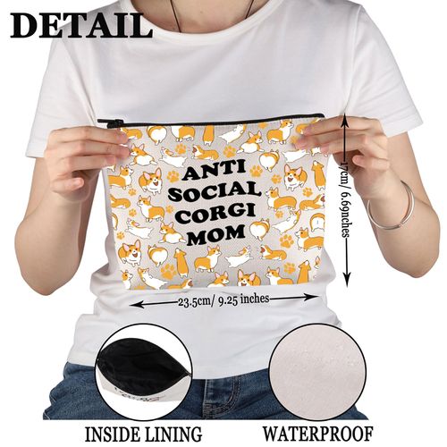 PWHAOO Corgi Lover Gift Antisocial Corgi Mom Makeup Bag Corgi Owner Cosmetic Bag Who Loves Corgis Gift (Antisocial Corgi Mom M)