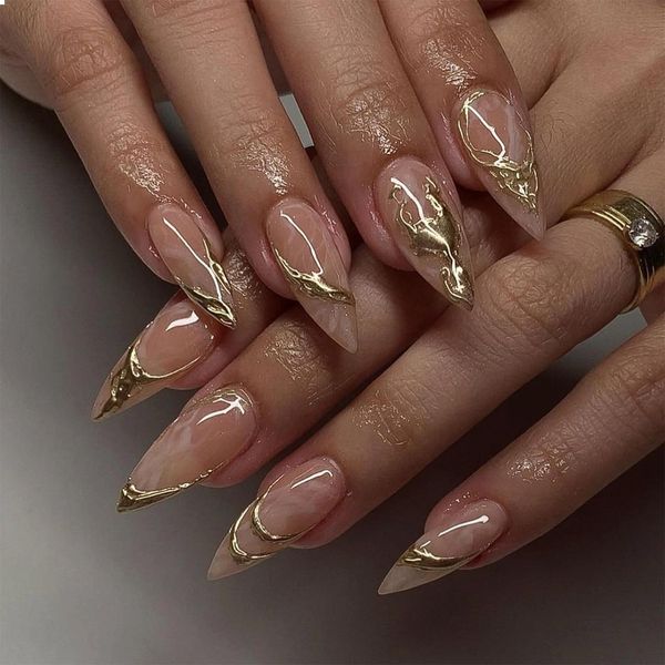 GlamRays Pack of 24 Almond Press On Nails Medium Length Bronzing False Nails with Designs Gold Line False Nails Glue Nails Shiny Acrylic Nails for Women Nail Decoration