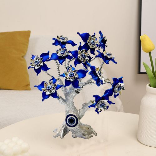 Turkish Evil Eye Tree Decorative Ornament, Silver and Blue Resin Flowers, Good Luck Home Decor (Blue Flower)