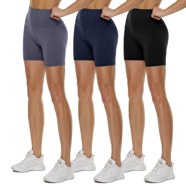 TNNZEET 3er Pack Radlerhose Damen High Waist Shorts Blickdicht Kurze Sporthose Leggings für Sport(Schwarz/Marineblau/Dunkelgrau, S-M)