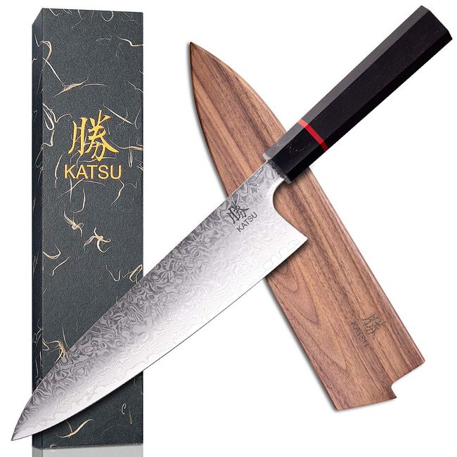 KATSU Kitchen Chef Knife - Damascus Steel - Japanese Kitchen Knife - Handcrafted Octagonal Wood Handle - 8-inch -Wood Sheath & Gift Box…