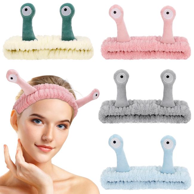 DragonflyDreams 4 Packs Snail Head Bands, Headband for Washing Face, Snail Spa Hair Bands Skincare Makeup Headbands Women Cartoon Cute Coral Fleece Elastic Headband Creative Hair Accessories for Women