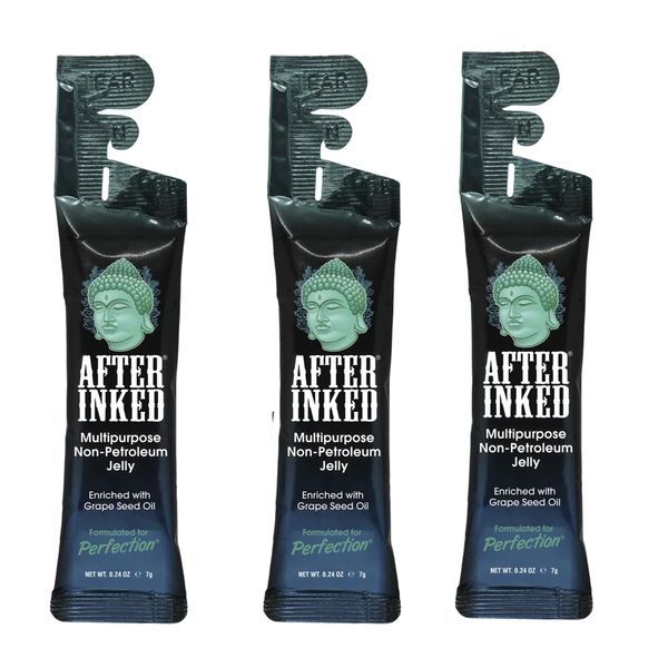 After Inked Tattoo Aftercare Non-Petroleum Jelly - With Grape Seed Oil, Essential for Tattoo Kit, PMU & Piercing Aftercare - Multipurpose Ointment - 7g Reclosable Packet (3-Pack)