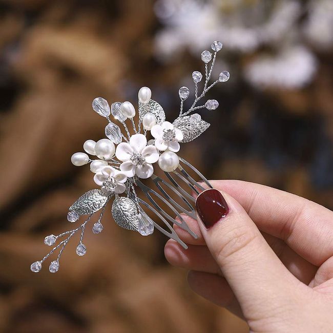 Relandy Hochzeit Haarkamm Blume Braut Haarteil Blatt Hochzeit Stirnband Perle Braut Haarschmuck für Frauen (Silber)