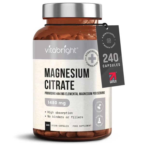 Magnesium Citrate - 1480mg High Strength - 240 Capsules (not Tablets), 4 Month Supply - Vegan Premium Magnesium Capsules - Providing 444mg Elemental Magnesium Supplement - Made in UK by VitaBright