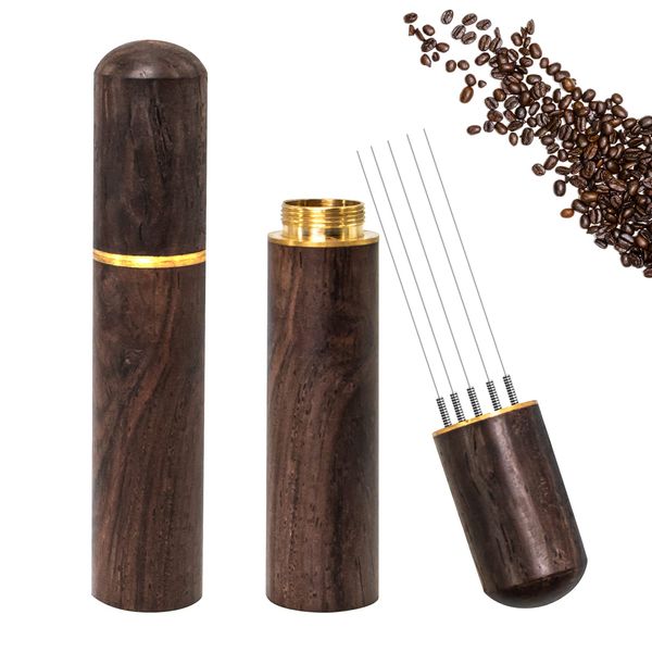 Espresso Coffee Stirrer, Espresso Distribution Tool Coffee Stirring Tool,Professional Barista Hand Needle Type Distribution Tool 5 Needles 0.4mm Natural Wood Handle and Stand(Walnut Dark)