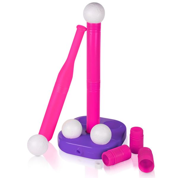 Liberry Adjustable T-Ball Set for Kids and Toddlers, Includes Kids Baseball Bat, Adjustable Height Tee Ball Stand, 4 Balls and Weighted Base, Sports Game Toy Gift for Boys Girls (Pink)