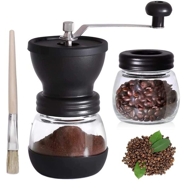 Manual Coffee Bean Grinder, Adjustable Coarseness Ceramic Mill Grinder, Handheld Coffee Grinder Machine for Bean Spices with Brush & Transparent Storage Jar Portable Coffee Grinders for Home Office