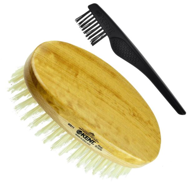 Kent MS11 Finest Men's Oval Military Satin/Beechwood Pure White Bristle Hair Brush + Kent LPC3 Hair Brush Cleaner - Best Hair Care Kit for Men, 360 Wave Brush, Encourages Hair Growth (MS11+LPC3)