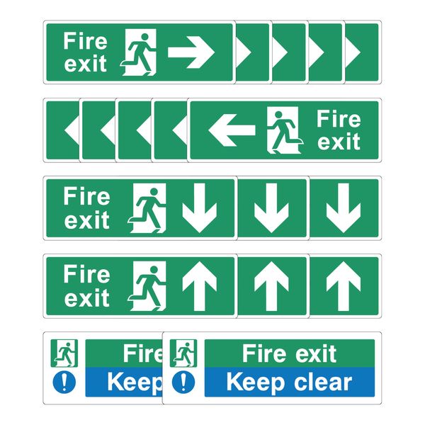 Fire Exit Sign Bundle [Pack of 18] - Fire Exit Arrow Sign, Fire Exit Keep Clear Sign, Emergency Exit Sign, Fire Escape Sign - Compliant Fire Sign, Easy Peel Installation (Fire Action Self Adhesive)