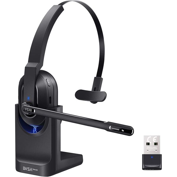 EKSA Wireless Wireless Headset, Bluetooth Single Ear, Includes USB Dongle, Call Noise Reduction, Single Directional, Built-in Microphone, For Office, Ultra Lightweight, Up to 45 Hours of Use, Charging