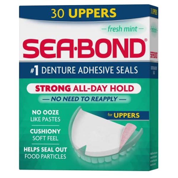 Sea Bond Secure Denture Adhesive Seals, Fresh Mint Uppers, Zinc-Free, All-Day-Hold, Mess-Free, 30 Count (Pack of 1)