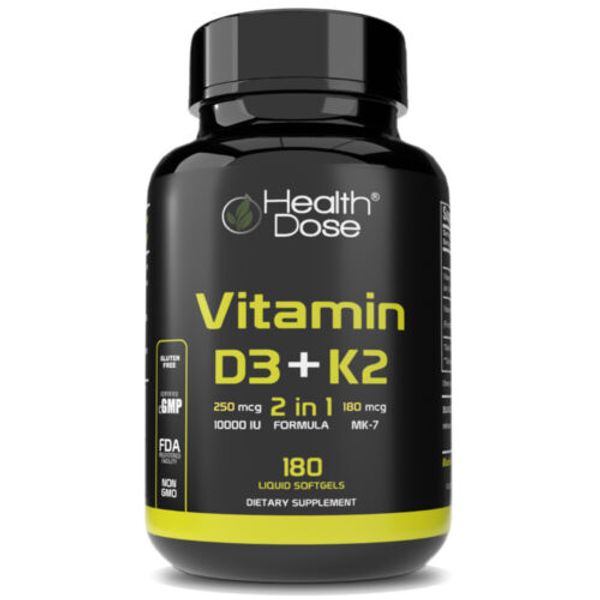 Health Dose Vitamin D3 + K2 Supplement. 2 in 1 Formula. Immune Support. 180 ct