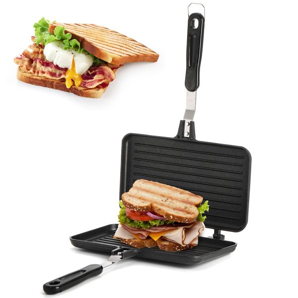 SOUJOY Sandwich Maker, Non-stick Grill Panini Maker Pan with Handle, Stovetop Toasted Aluminum Flip Pan Indoor Outdoor Home Kitchen Breakfast