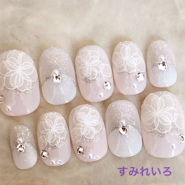 Nail tip false nails bridal nails cute short long bridal autumn nails nail present short nails small nails large nails berry short chibi nails adult nails false nails white nails white<br> [1657] White Line Flower Stone b/ap