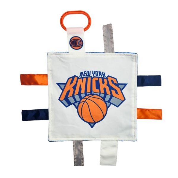 The Learning Lovey New York Knicks Baby Tag Toy - NBA Basketball - Baby Sensory Crinkle Toys - Soft & Safe - Ideal Baby Stroller Toy - BPA Free w/Stroller Clip (8 x 8 Tag Toy)