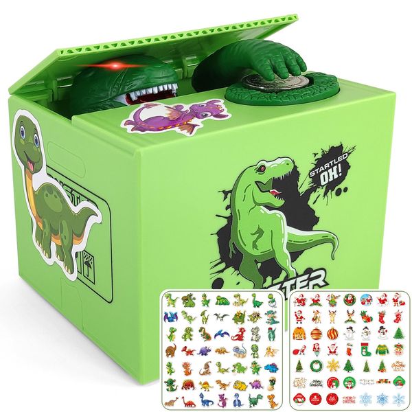 Piggy Bank for Kids, Fnny Money Coin Bank for Boys and Girls, Dinosaur Piggy Banks with DIY Stickers for Toddler Kids, Christmas Birthday Gift Idea for Boys 3-10 Years Old