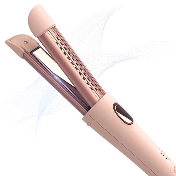 MIRACOMB Cool Air Curler Titanium Curling Wand 2 in 1 Hair Flat Iron 1” Styler for Loose Curls and Straight Styles, Max 430F, Auto Off, Dual Voltage (Pink)