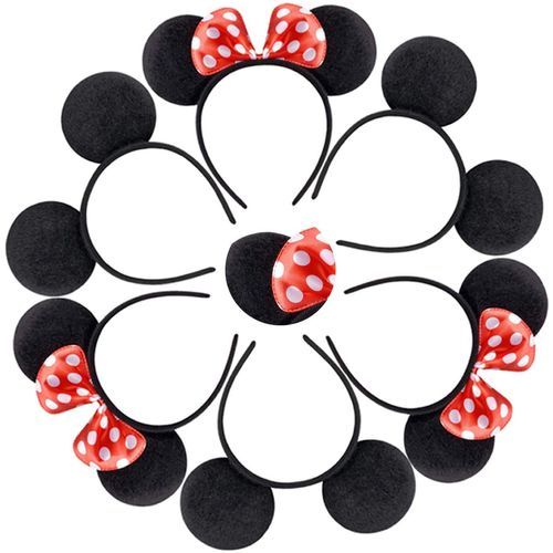 A 4 Pieces Black Mickey Mouse Ears & Minnie Mouse Ears on Alice Band with Red and White Polkadot Spotted Bow for Adults/Children Fancy Dress Costume Head Band Accessory Party Decoration Gift