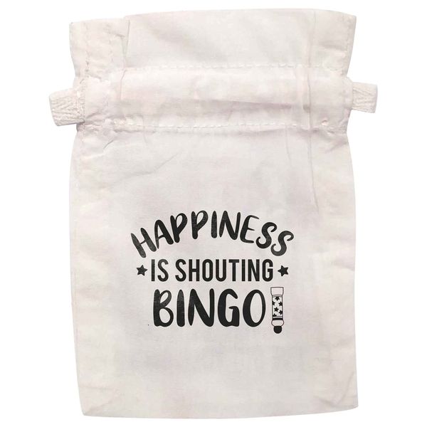 Flox Creative White Organic Medium Drawstring Pouch Happiness is Shouting Bingo